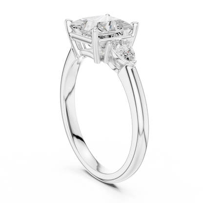Back side view of white gold princess three-stone ring with pear side stones and lab-grown diamond 鈥?Australia