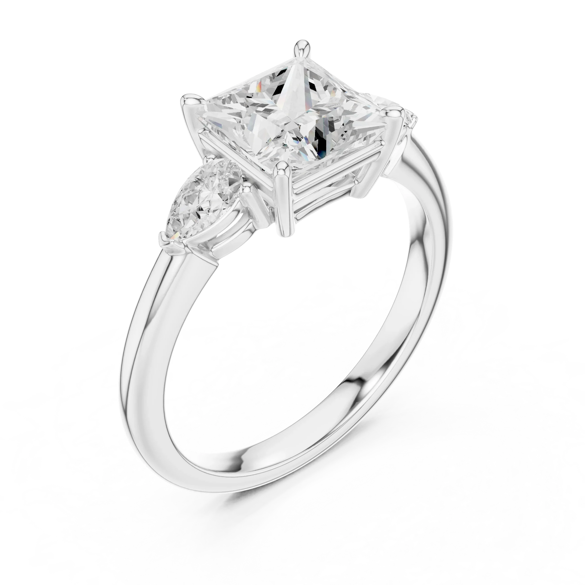 Front view of white gold princess three-stone ring with pear side stones and lab-grown diamond 鈥?Australia