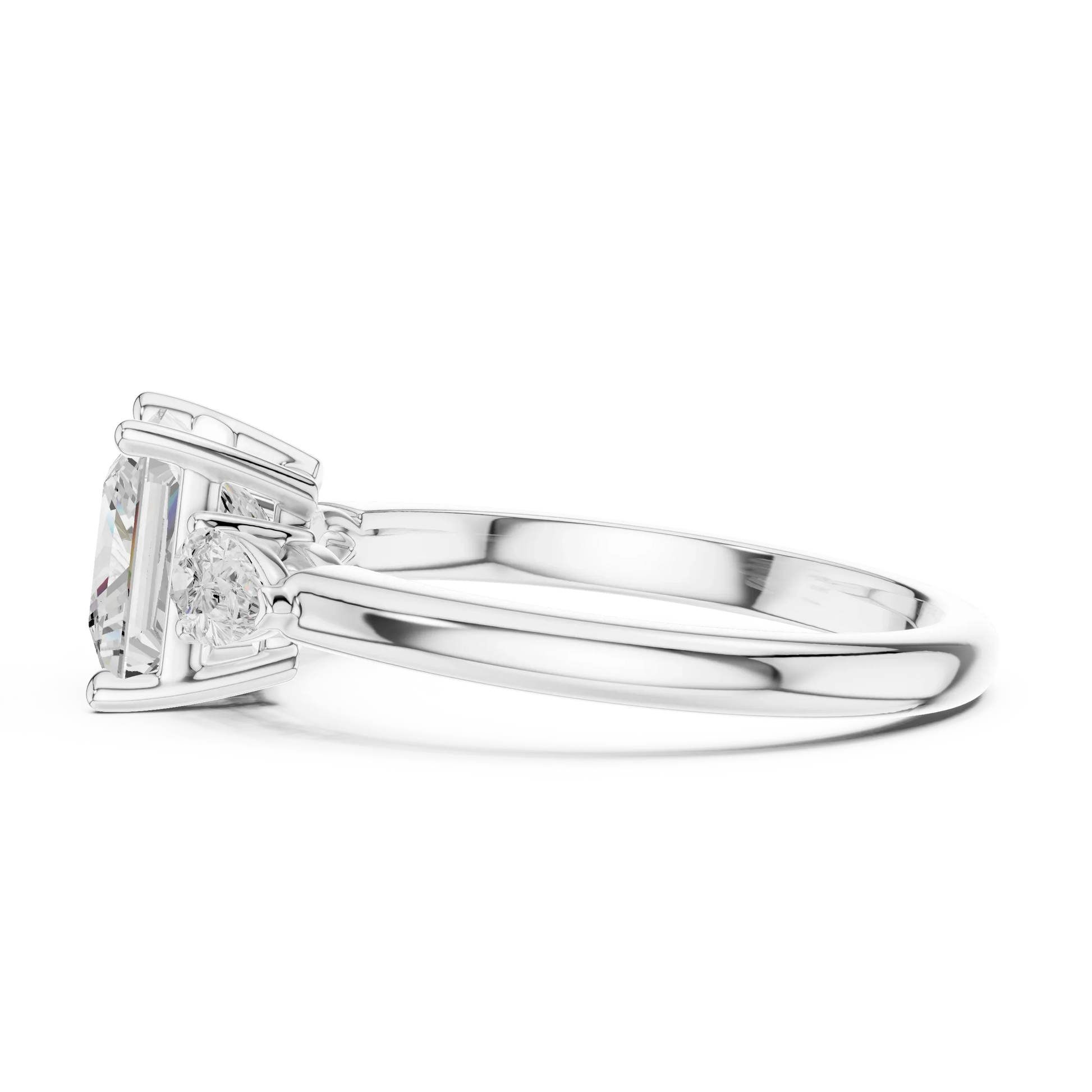 Side view of white gold princess three-stone ring with pear side stones and lab-grown diamond 鈥?Australia