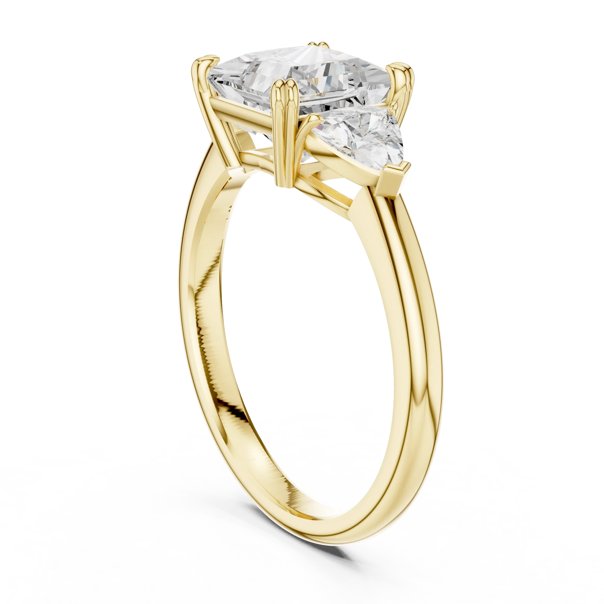 Back side view of yellow gold princess three-stone ring with trillion cut side stones and lab-grown diamond 鈥?Australia