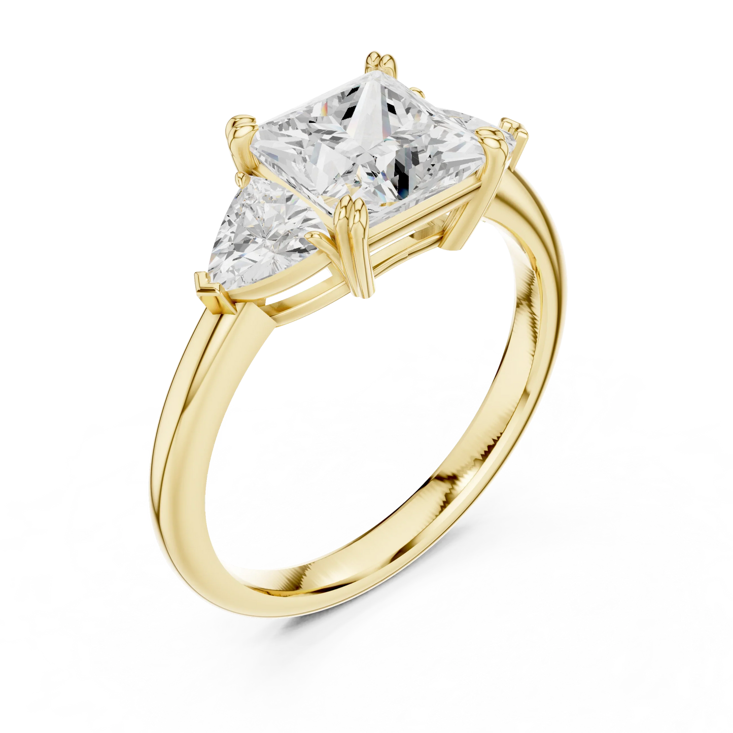 Front view of yellow gold princess three-stone ring with trillion cut side stones and lab-grown diamond 鈥?Australia