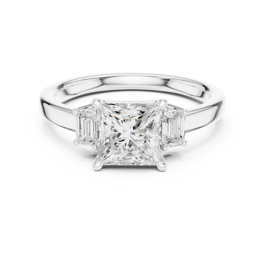 Lab-grown princess cut three stone diamond ring in white gold, elegant top view