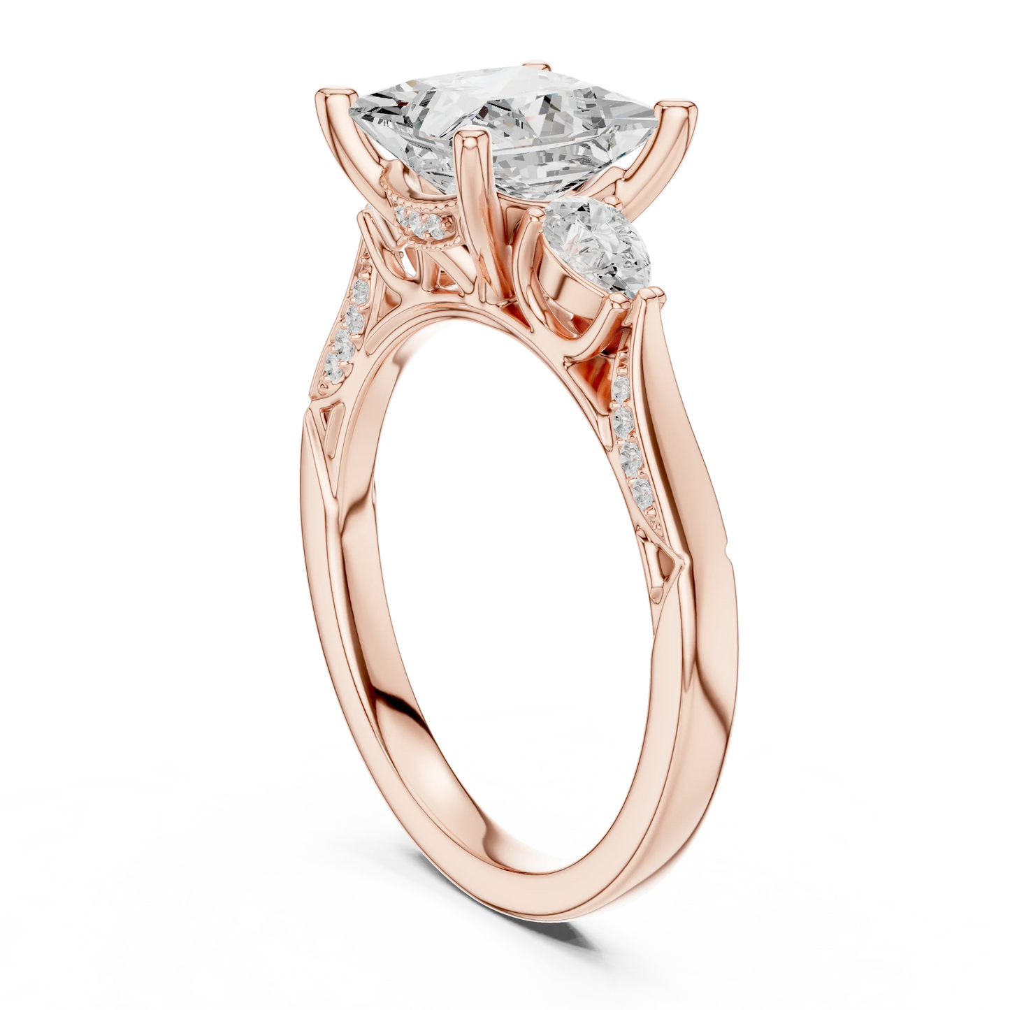 Back view of rose gold princess three stone ring with pear side stones, pave accents and lab-grown diamonds – Australia