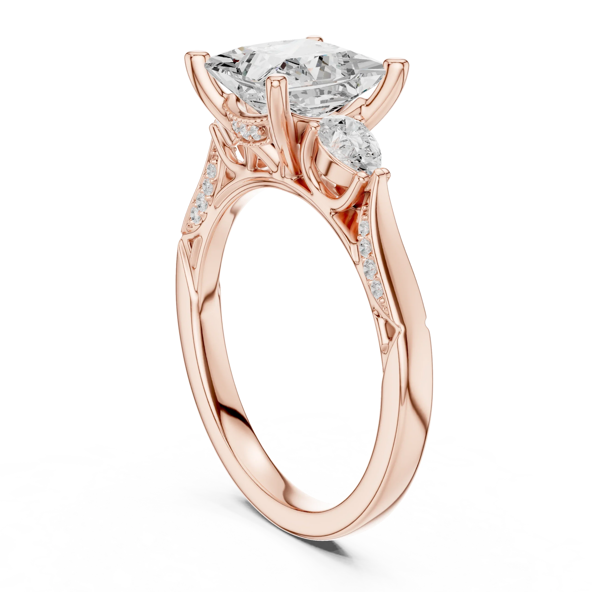 Back view of rose gold princess three stone ring with pear side stones, pave accents and lab-grown diamonds – Australia