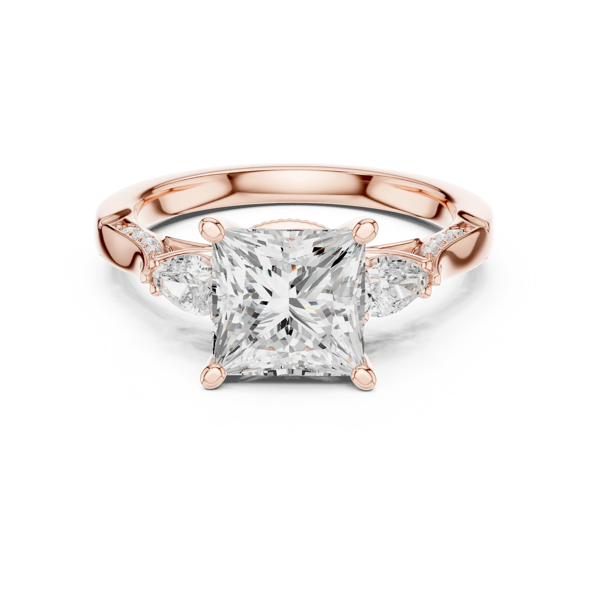 Princess three stone ring in rose gold with pear side stones, pave accents and lab-grown diamonds – Australia