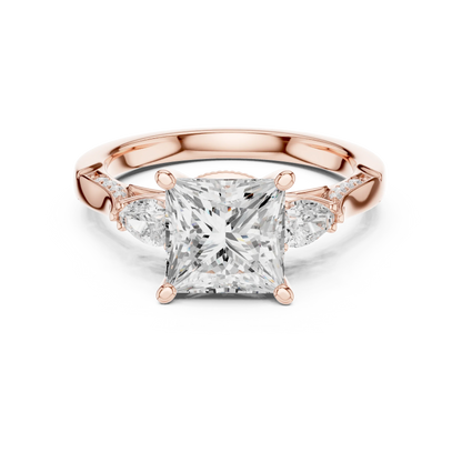 Princess three stone ring in rose gold with pear side stones, pave accents and lab-grown diamonds – Australia