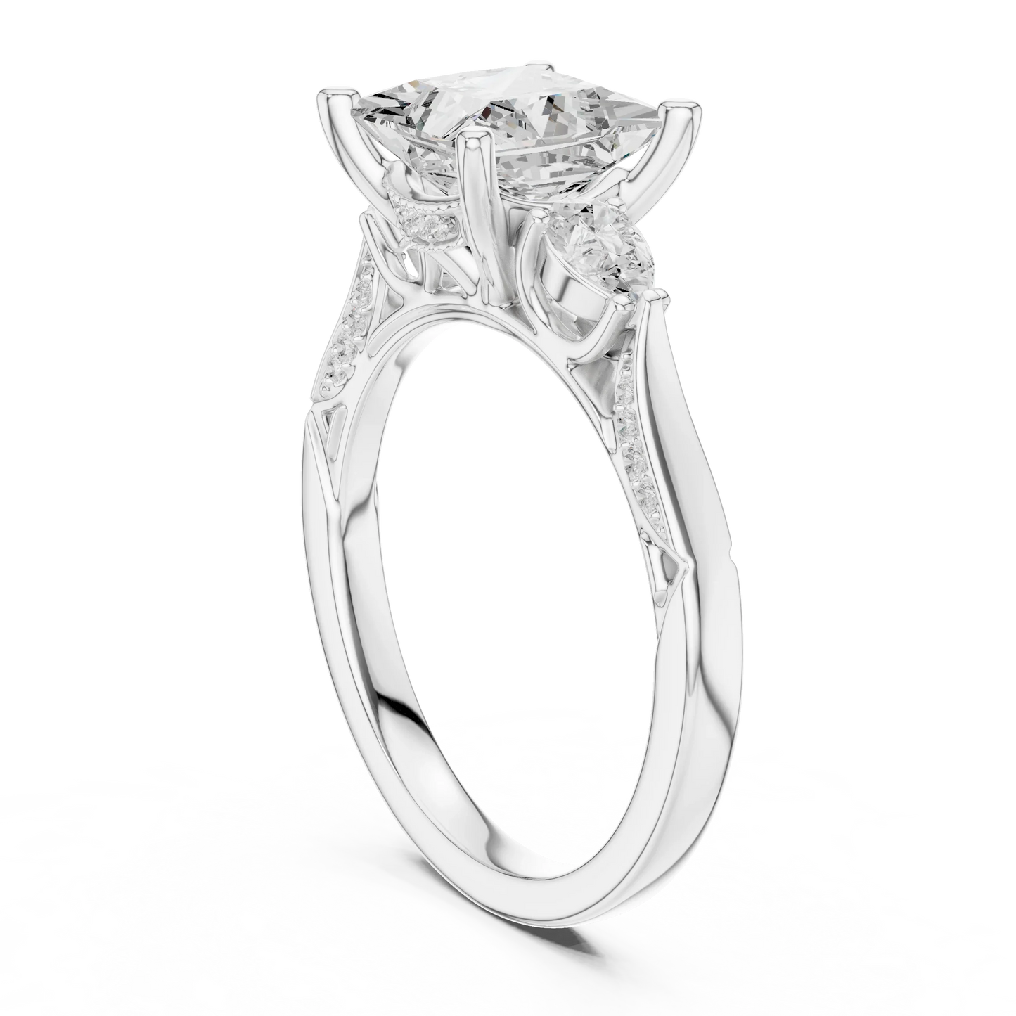 Back view of white gold princess three stone ring with pear side stones, pave accents and lab-grown diamonds – Australia