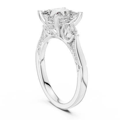 Back view of white gold princess three stone ring with pear side stones, pave accents and lab-grown diamonds – Australia