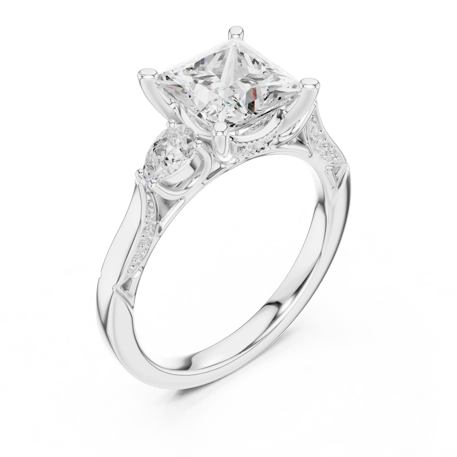 Front view of white gold princess three stone ring with pear side stones, pave accents and lab-grown diamonds – Australia