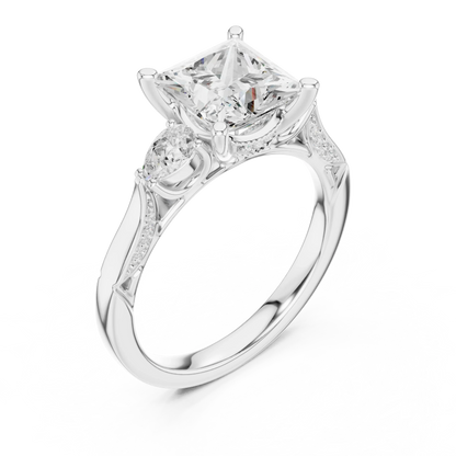 Front view of white gold princess three stone ring with pear side stones, pave accents and lab-grown diamonds – Australia