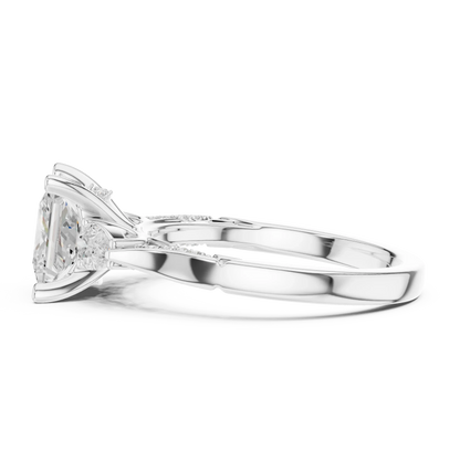 Side view of white gold princess three stone ring with pear side stones, pave accents and lab-grown diamonds – Australia