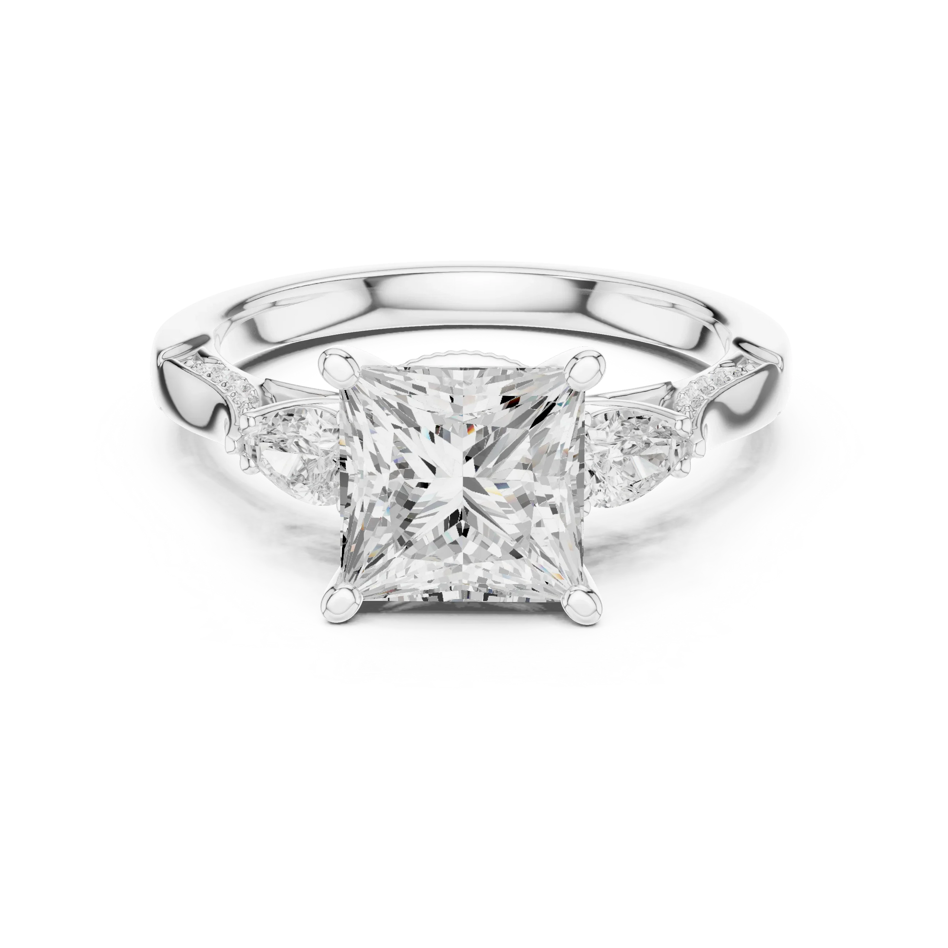 Princess three stone ring in white gold with pear side stones, pave accents and lab-grown diamonds – Australia
