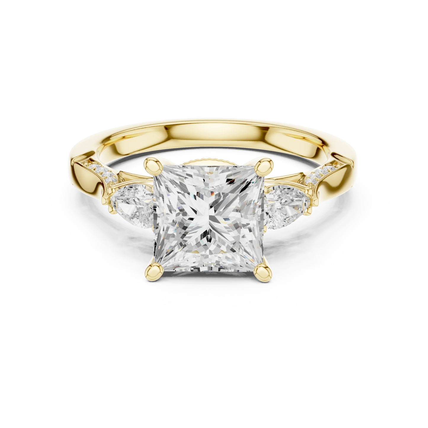 Princess three stone ring in yellow gold with pear side stones, pave accents and lab-grown diamonds – Australia