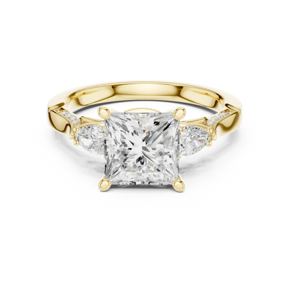 Princess three stone ring in yellow gold with pear side stones, pave accents and lab-grown diamonds – Australia