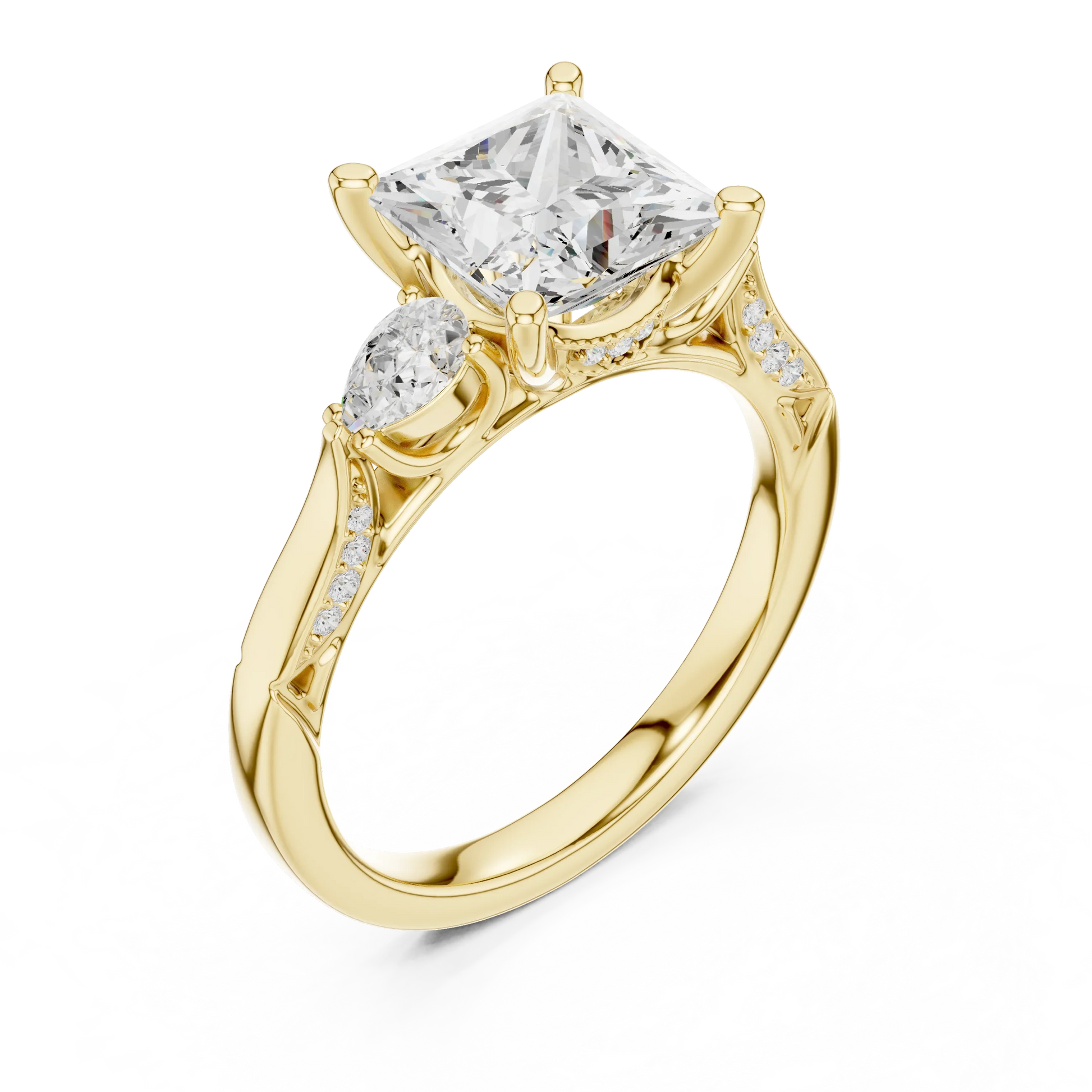 Front view of yellow gold princess three stone ring with pear side stones, pave accents and lab-grown diamonds – Australia