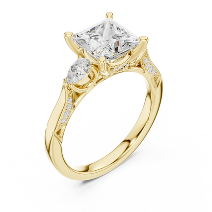 Front view of yellow gold princess three stone ring with pear side stones, pave accents and lab-grown diamonds – Australia