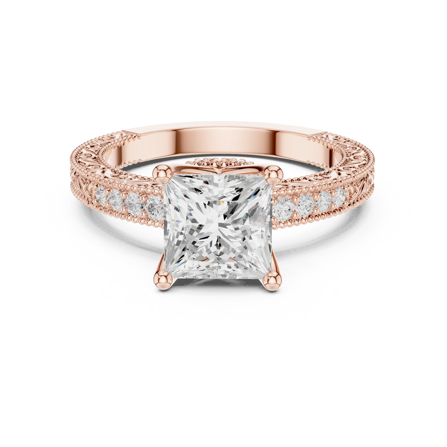 Princess vintage filigree ring in rose gold with milgrain, channel set diamond band and lab-grown diamond – Australia