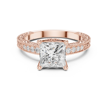 Princess vintage filigree ring in rose gold with milgrain, channel set diamond band and lab-grown diamond – Australia