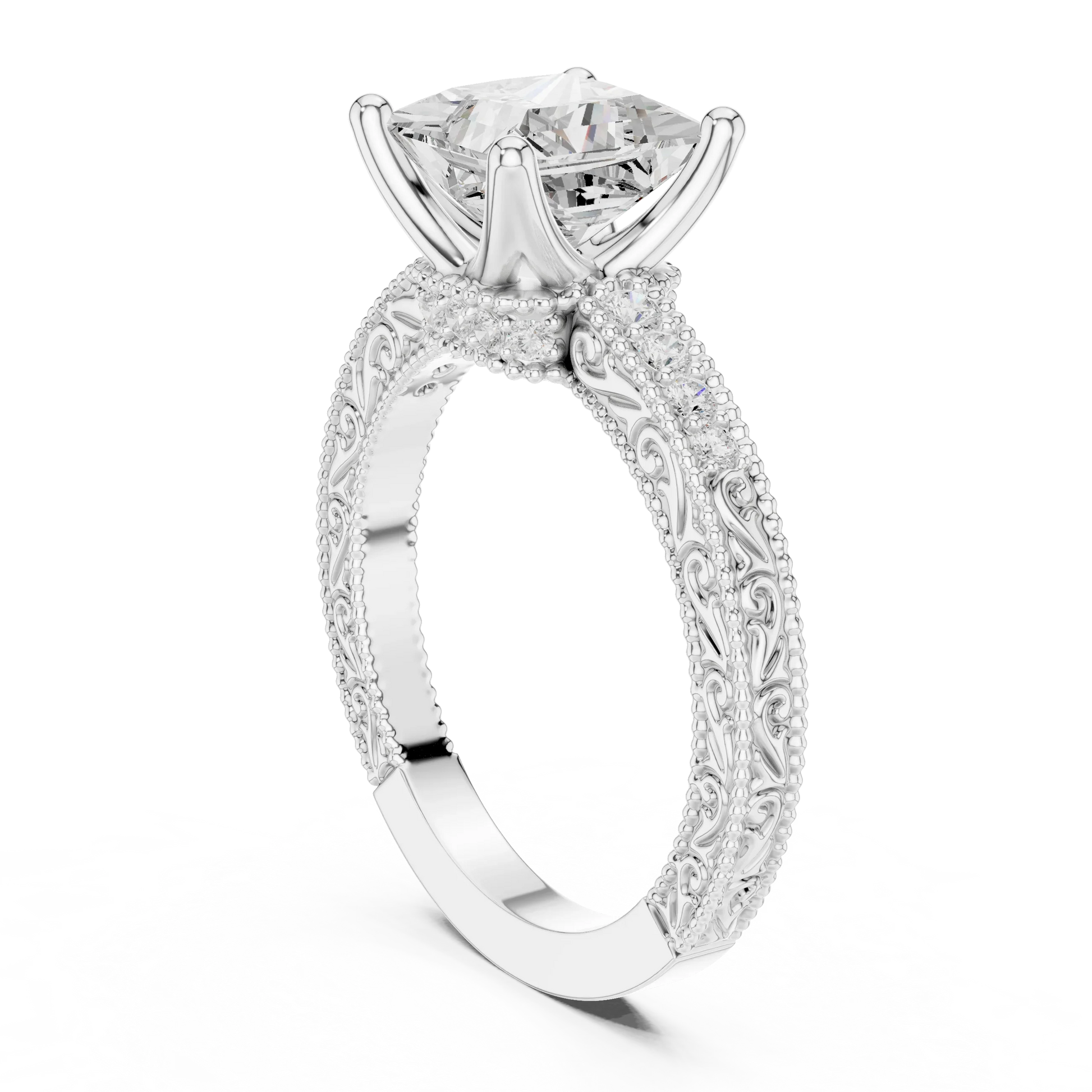 Back view of white gold princess vintage filigree ring with milgrain, channel set diamond band and lab-grown diamond – Australia