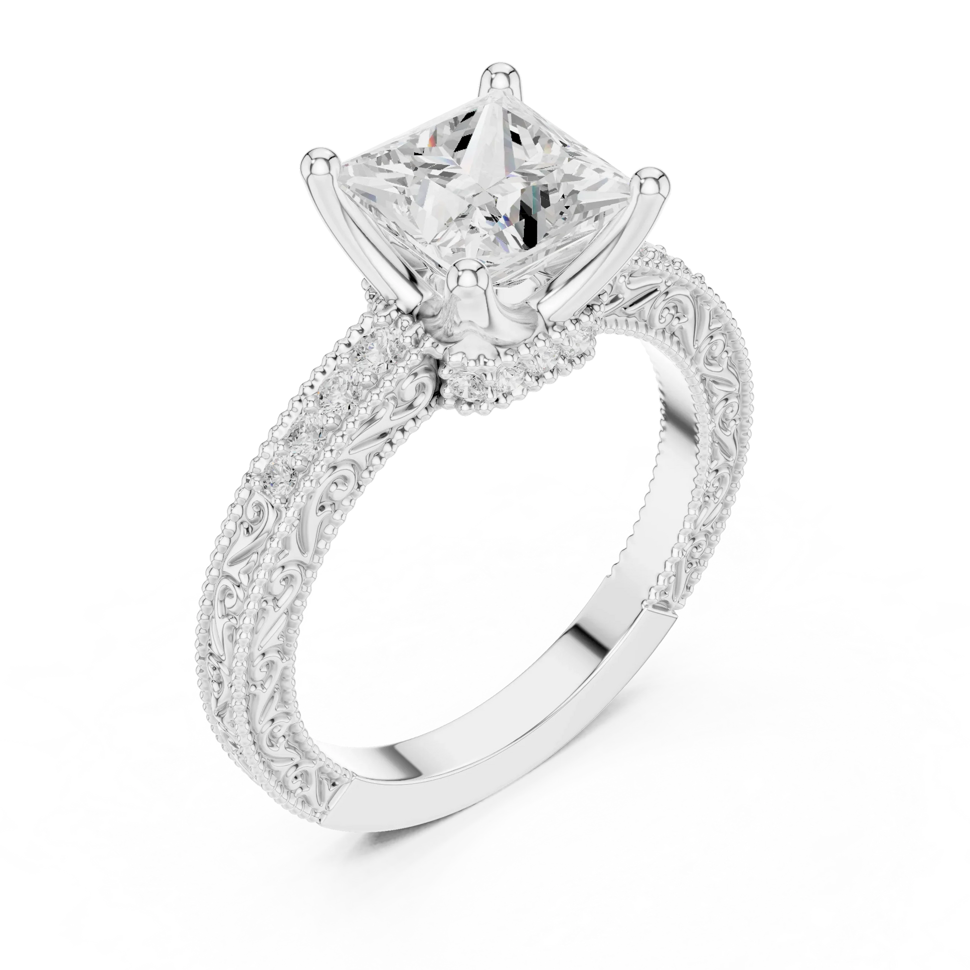 Front view of white gold princess vintage filigree ring with milgrain, channel set diamond band and lab-grown diamond – Australia