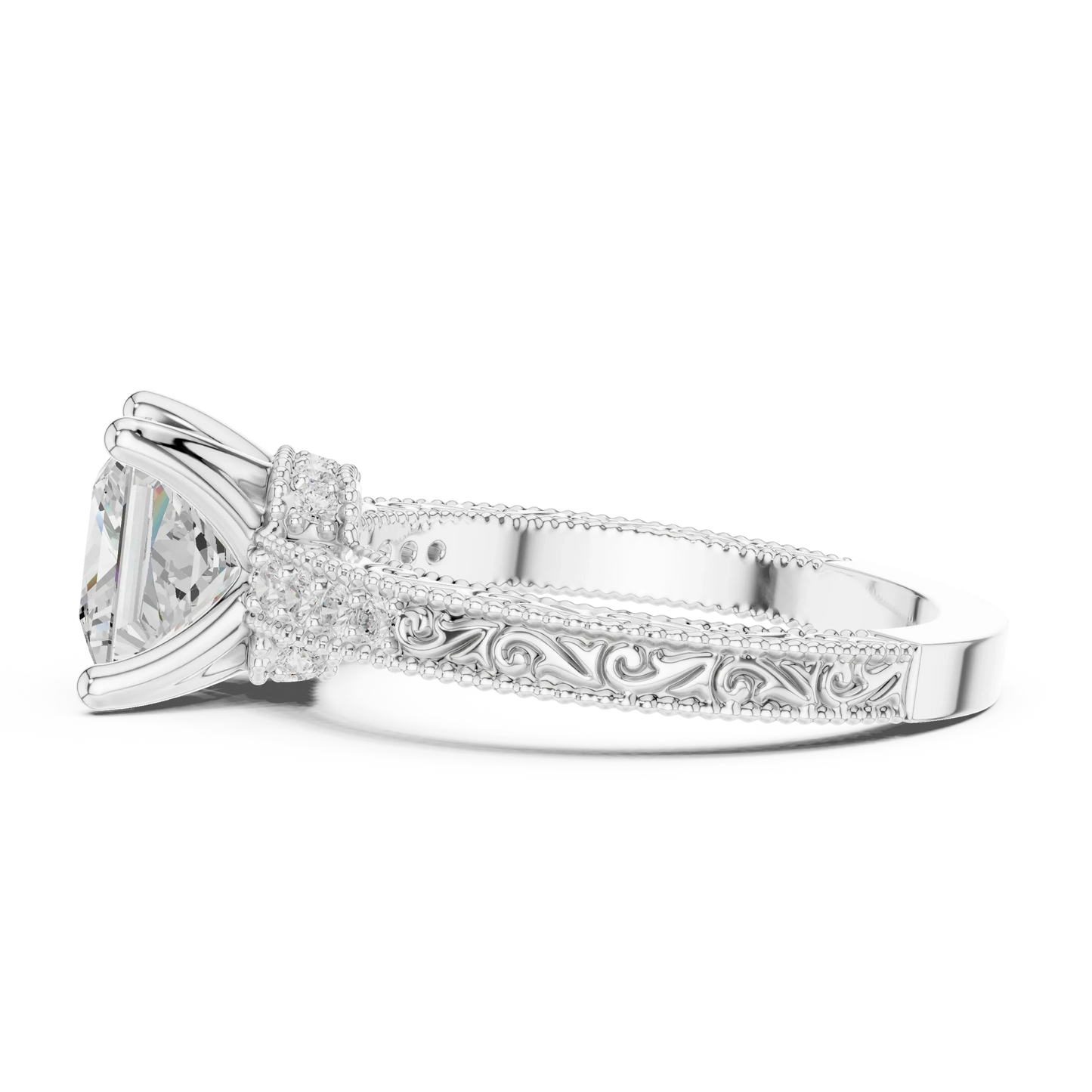 Side view of white gold princess vintage filigree ring with milgrain, channel set diamond band and lab-grown diamond – Australia