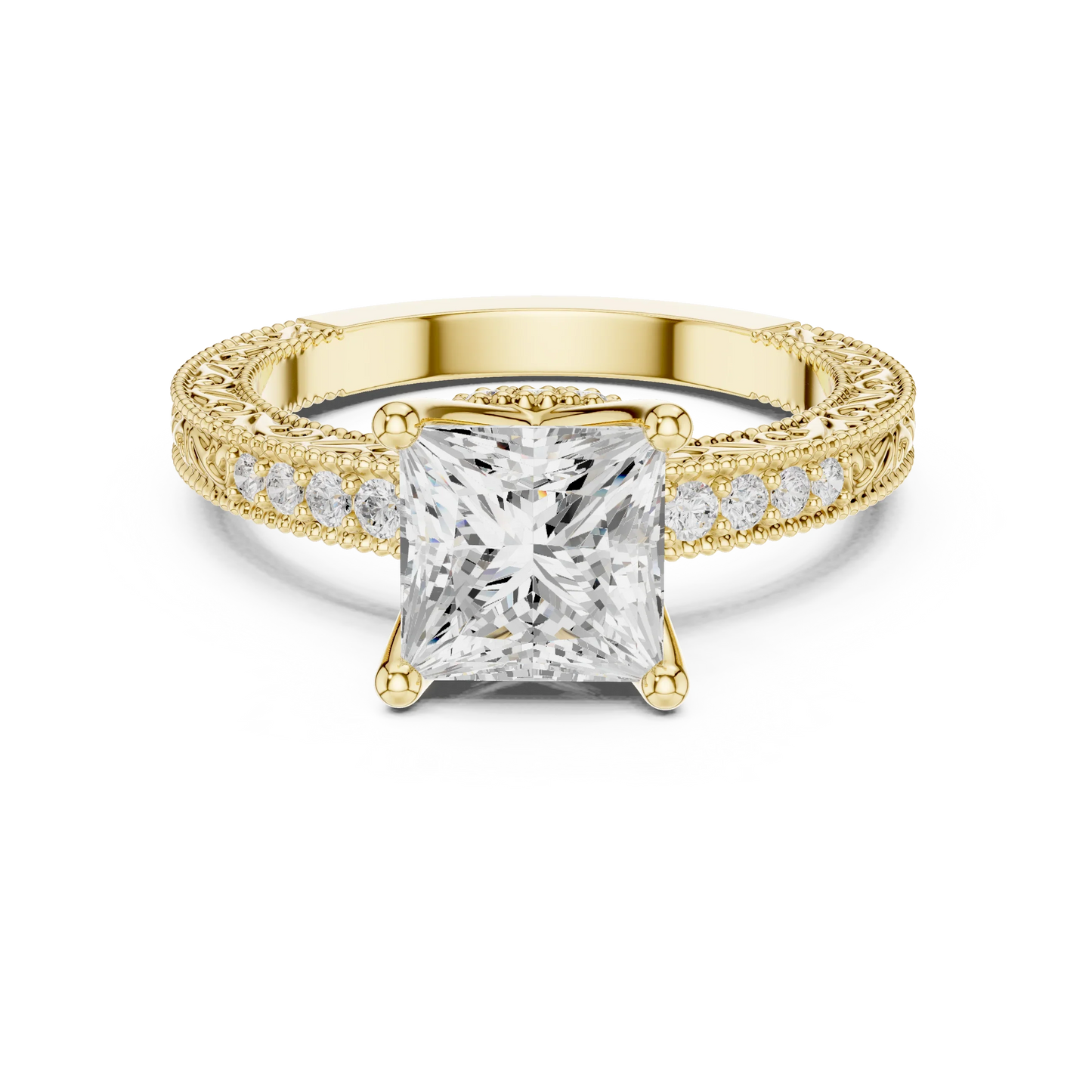 Princess vintage filigree ring in yellow gold with milgrain, channel set diamond band and lab-grown diamond – Australia