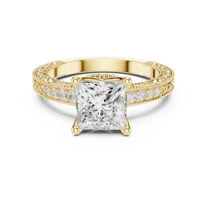 Princess vintage filigree ring in yellow gold with milgrain, channel set diamond band and lab-grown diamond – Australia