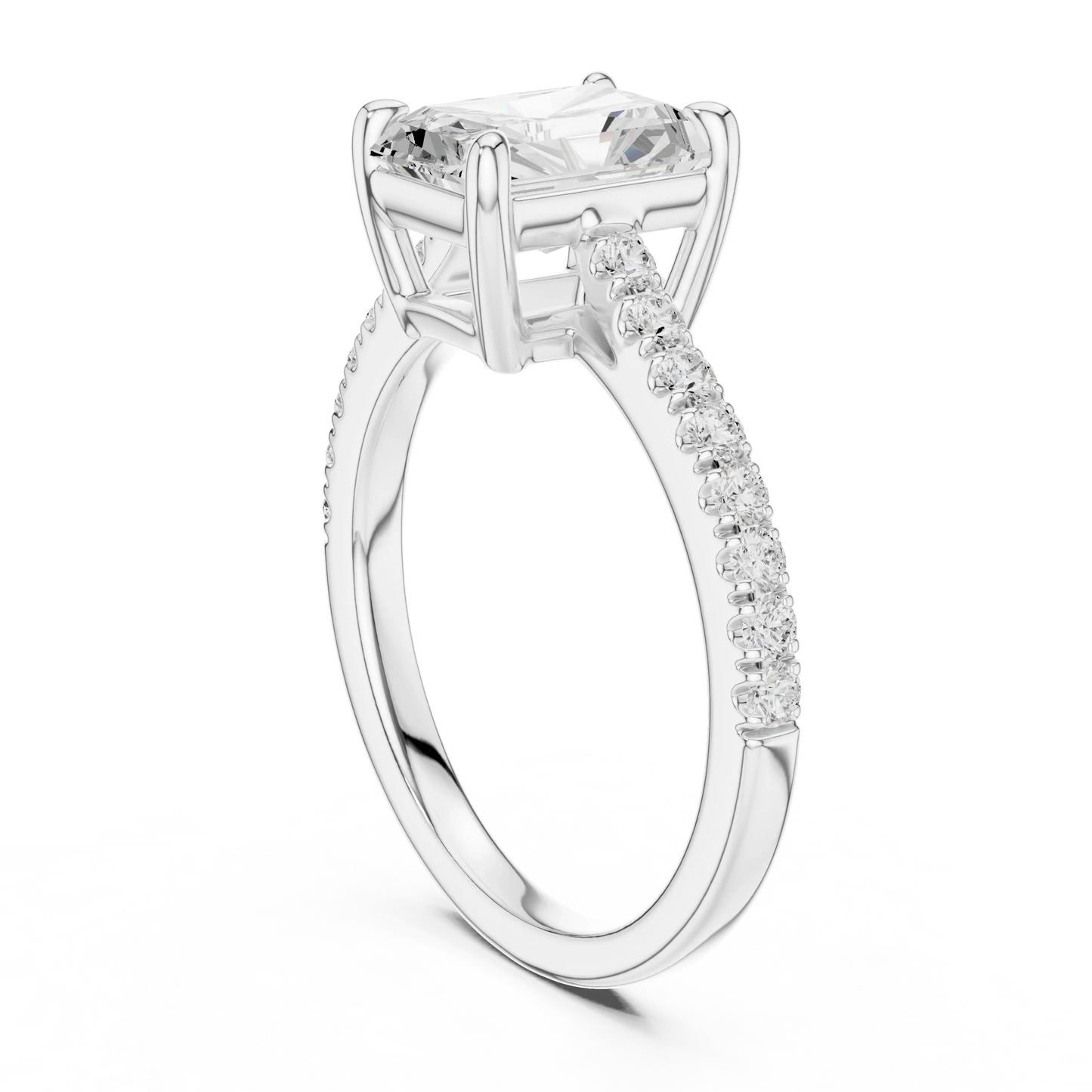 Back side view of white gold radiant diamond pavé band ring showing band and setting details