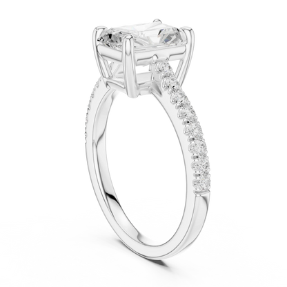Back side view of white gold radiant diamond pavé band ring showing band and setting details