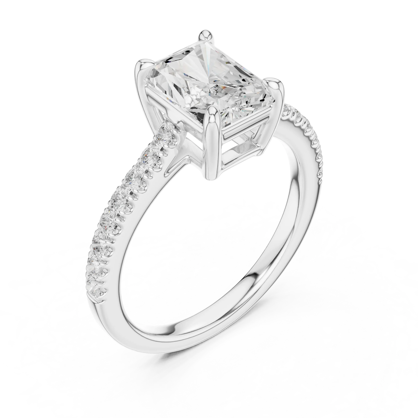 Front view of white gold radiant diamond pavé band ring