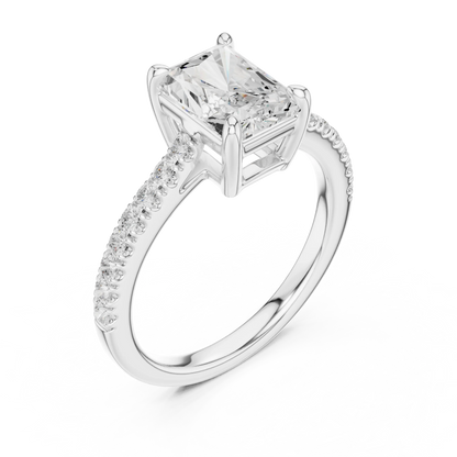 Front view of white gold radiant diamond pavé band ring