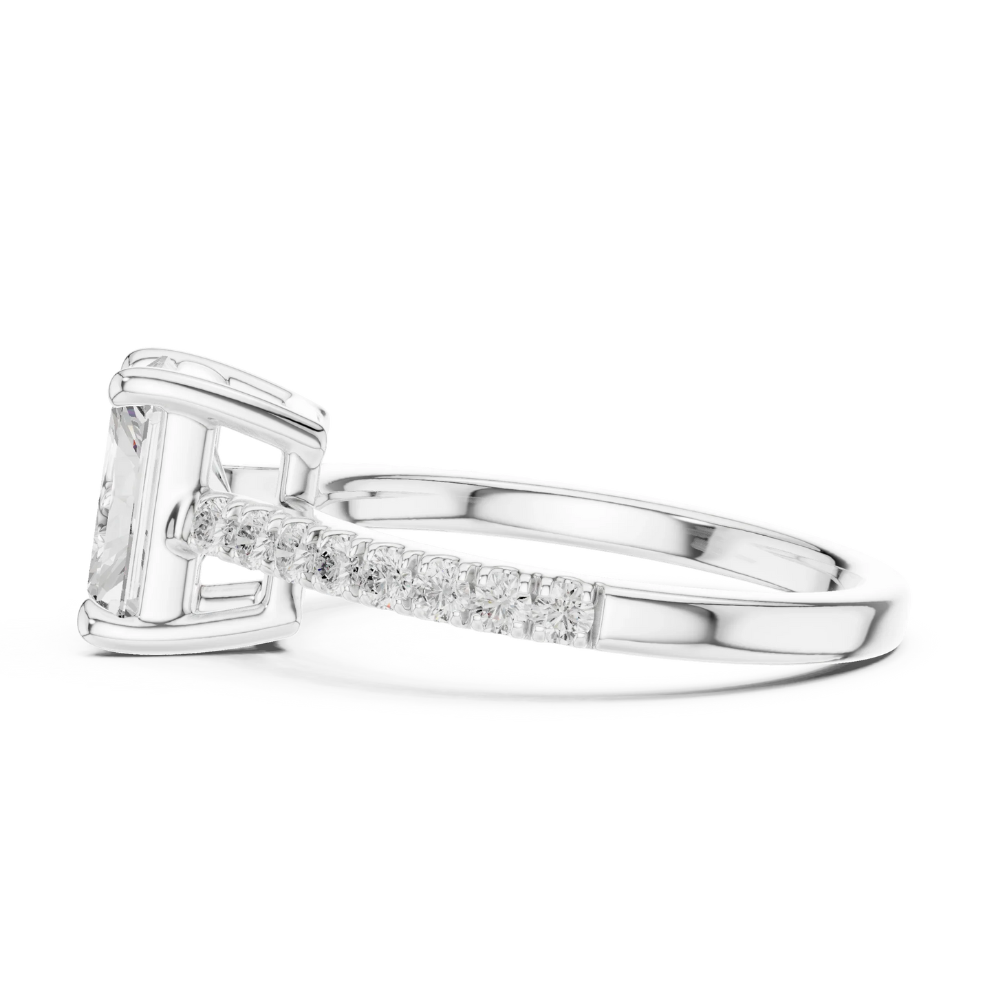Side view of white gold radiant diamond pavé band ring with detailed band setting