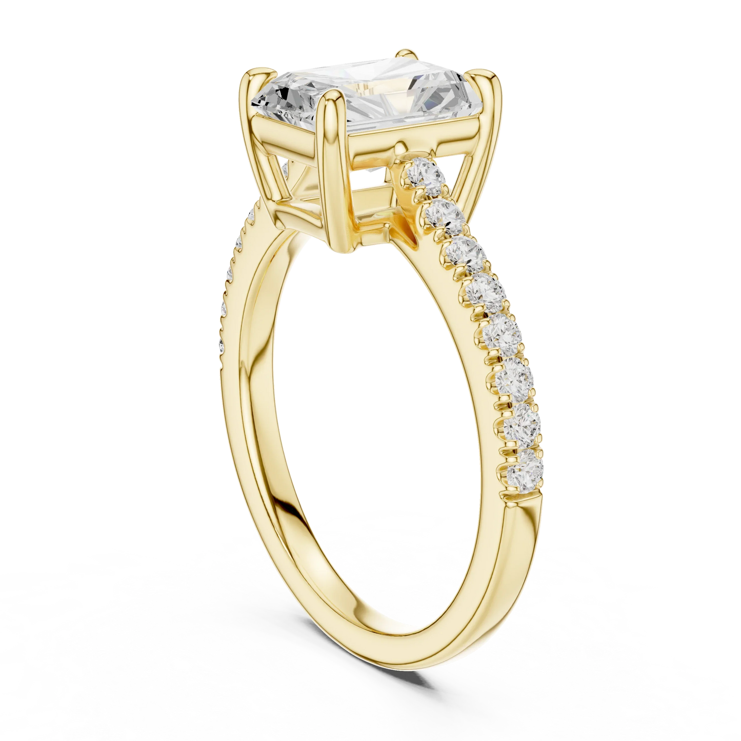 Back side view of yellow gold radiant diamond pavé band ring showing band structure