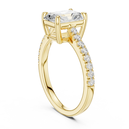 Back side view of yellow gold radiant diamond pavé band ring showing band structure