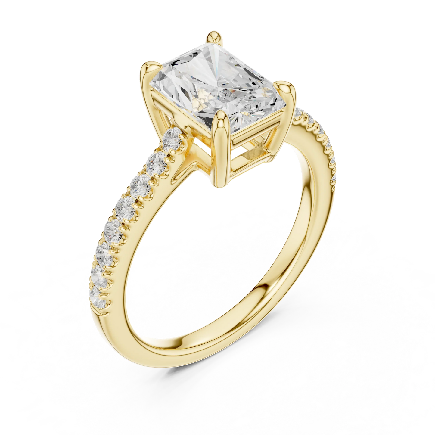 Front view of yellow gold radiant diamond pavé band ring
