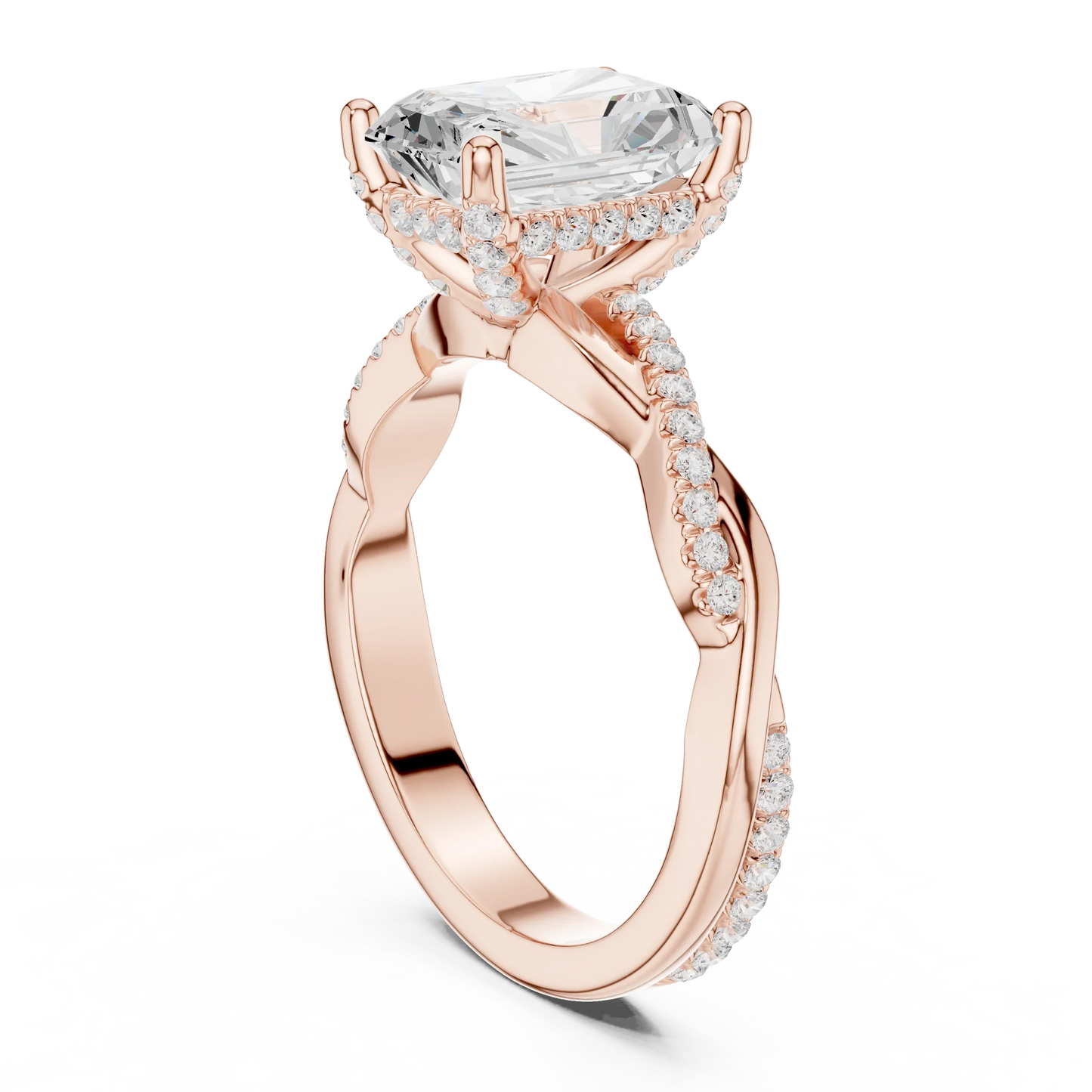 Back view of rose gold radiant diamond ring with twisted vine pave band and lab-grown diamond – Australia