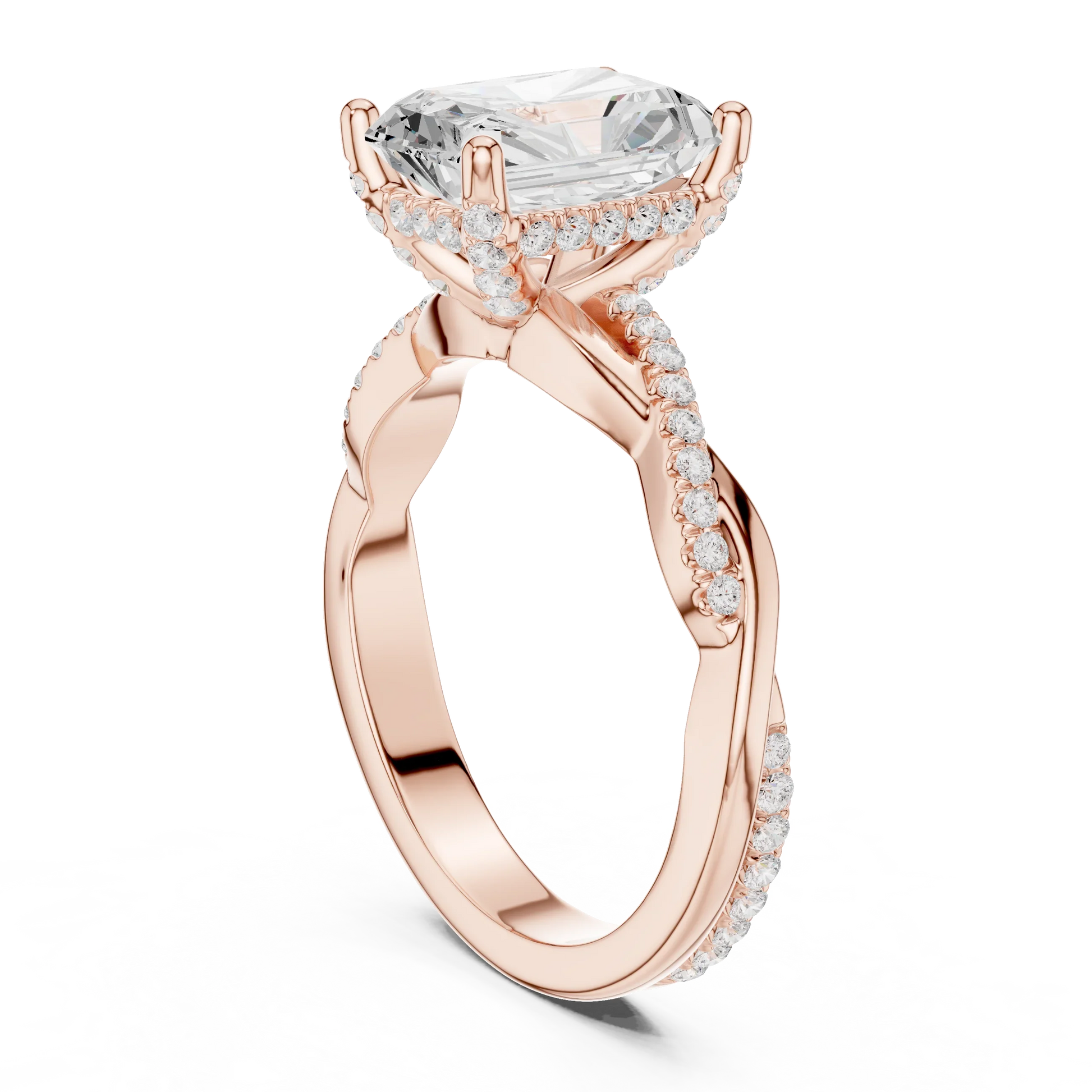 Back view of rose gold radiant diamond ring with twisted vine pave band and lab-grown diamond – Australia