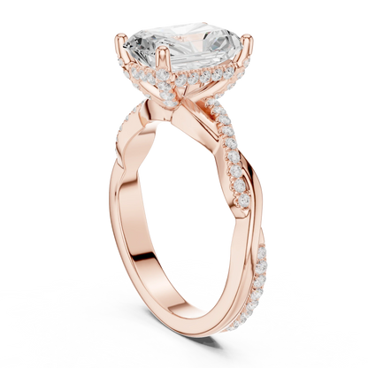 Back view of rose gold radiant diamond ring with twisted vine pave band and lab-grown diamond – Australia