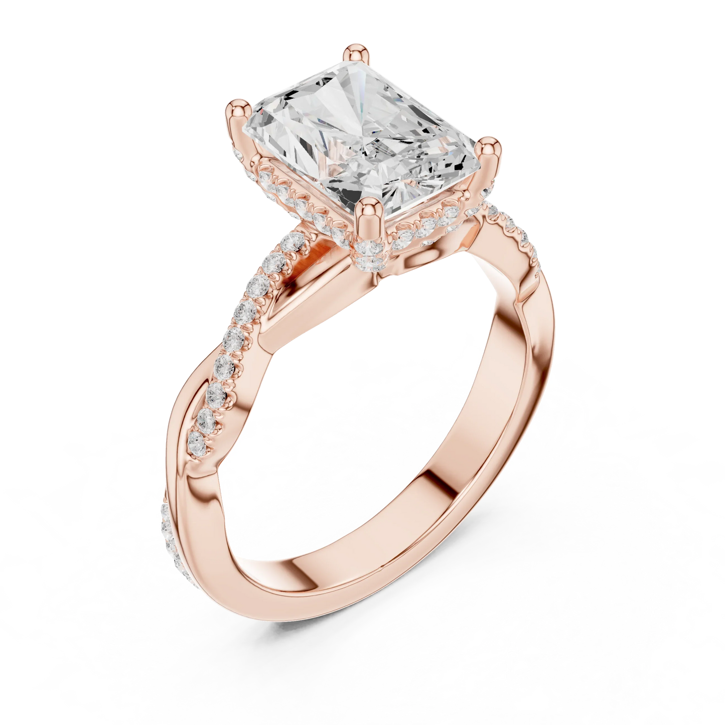 Front view of rose gold radiant diamond ring with twisted vine pave band and lab-grown diamond – Australia