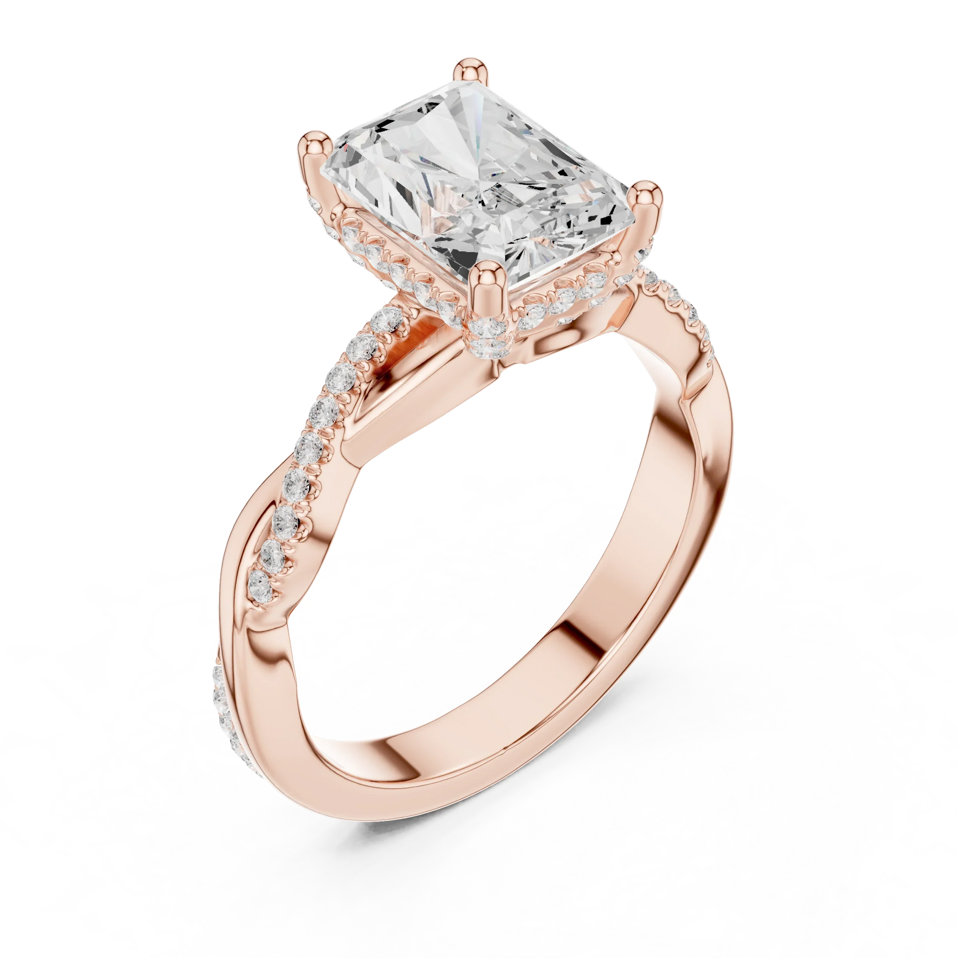 Front view of rose gold radiant diamond ring with twisted vine pave band and lab-grown diamond – Australia