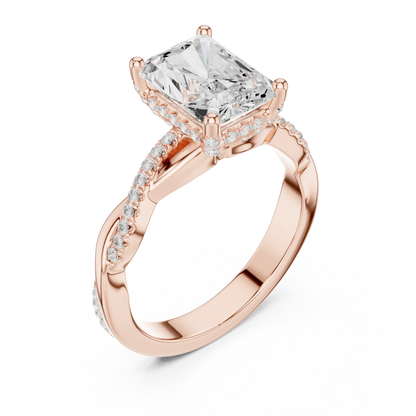 Front view of rose gold radiant diamond ring with twisted vine pave band and lab-grown diamond – Australia