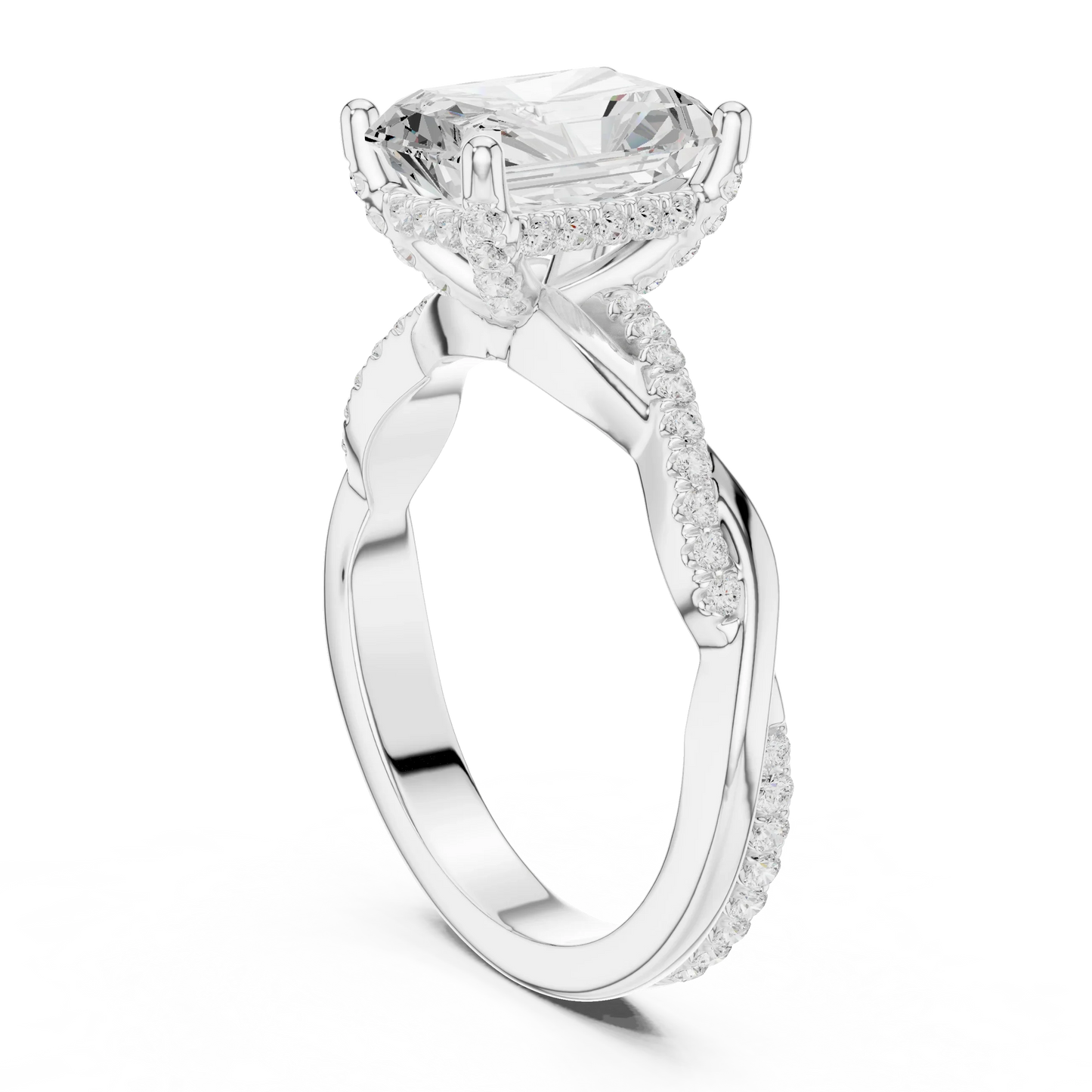 Back view of white gold radiant diamond ring with twisted vine pave band and lab-grown diamond – Australia