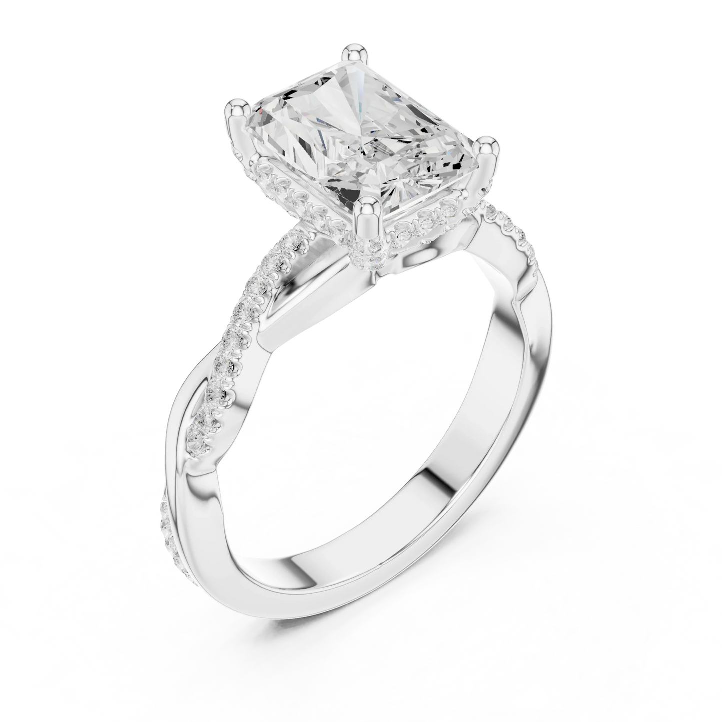Front view of white gold radiant diamond ring with twisted vine pave band and lab-grown diamond – Australia