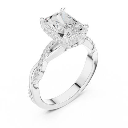Front view of white gold radiant diamond ring with twisted vine pave band and lab-grown diamond – Australia