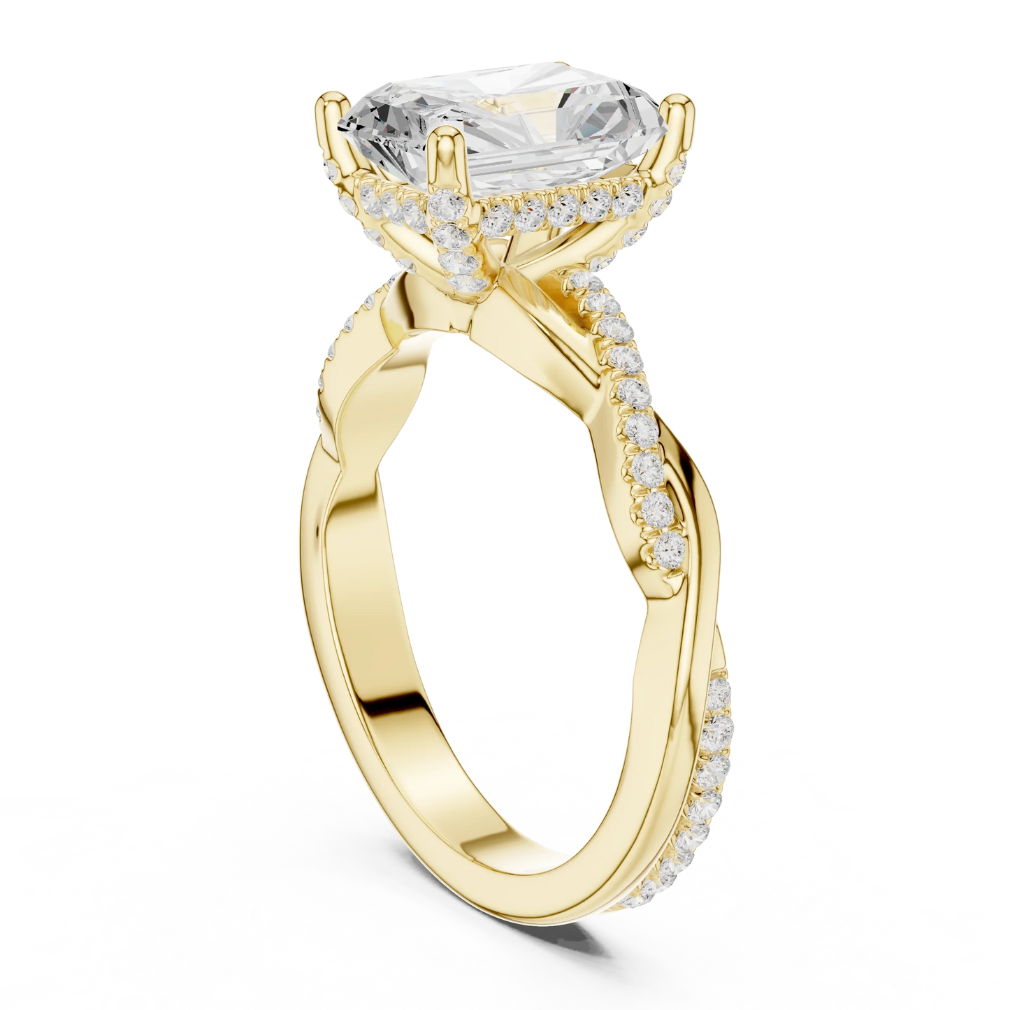 Back view of yellow gold radiant diamond ring with twisted vine pave band and lab-grown diamond – Australia