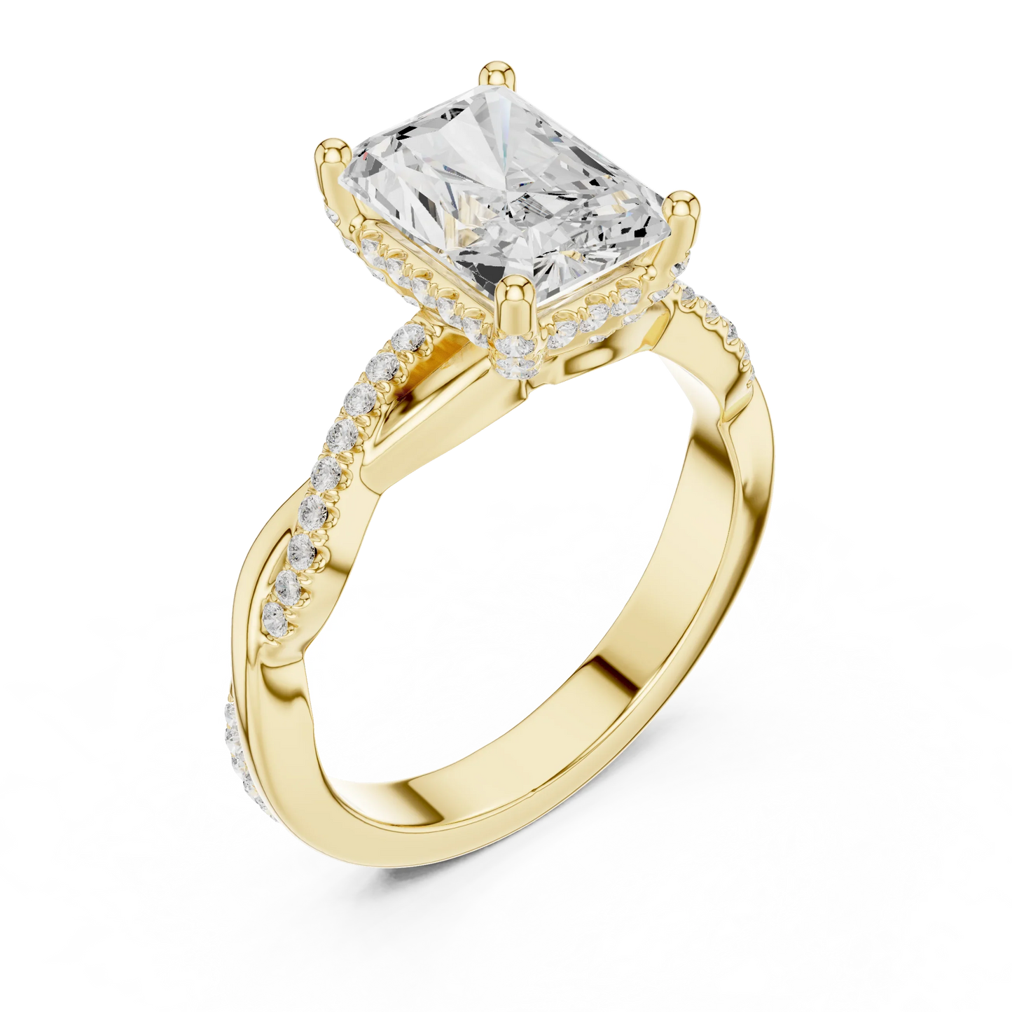 Front view of yellow gold radiant diamond ring with twisted vine pave band and lab-grown diamond – Australia