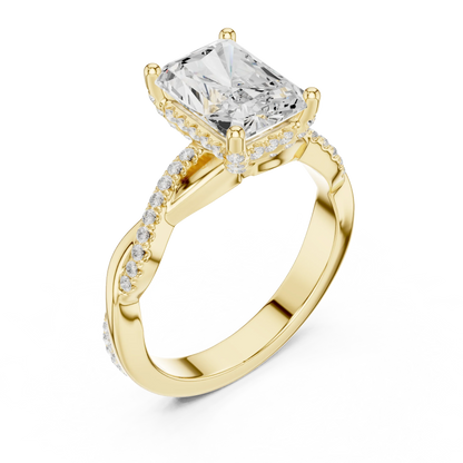 Front view of yellow gold radiant diamond ring with twisted vine pave band and lab-grown diamond – Australia