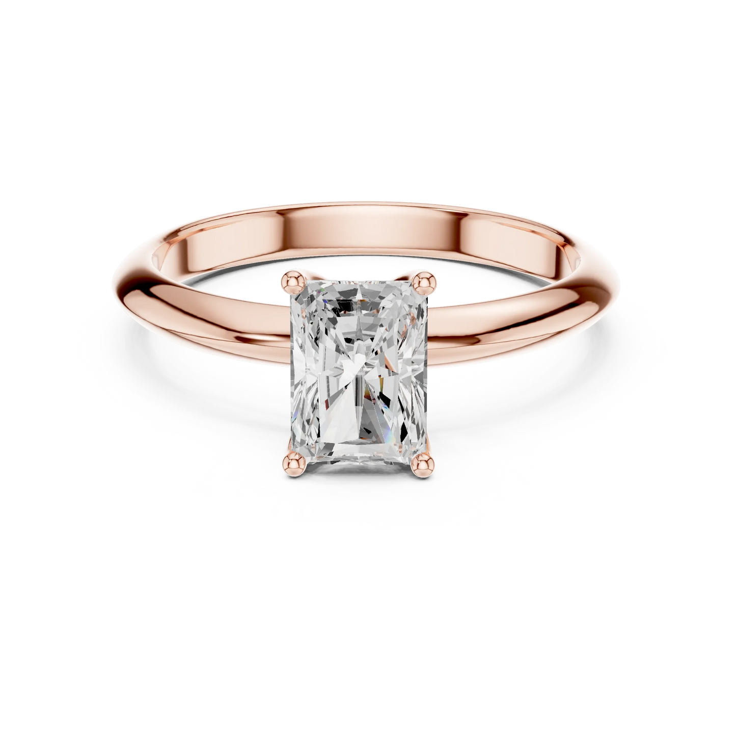 Lab-grown radiant cut diamond solitaire ring in rose gold, soft tone top view