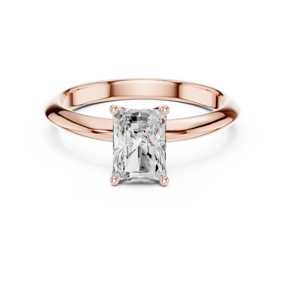 Lab-grown radiant cut diamond solitaire ring in rose gold, soft tone top view