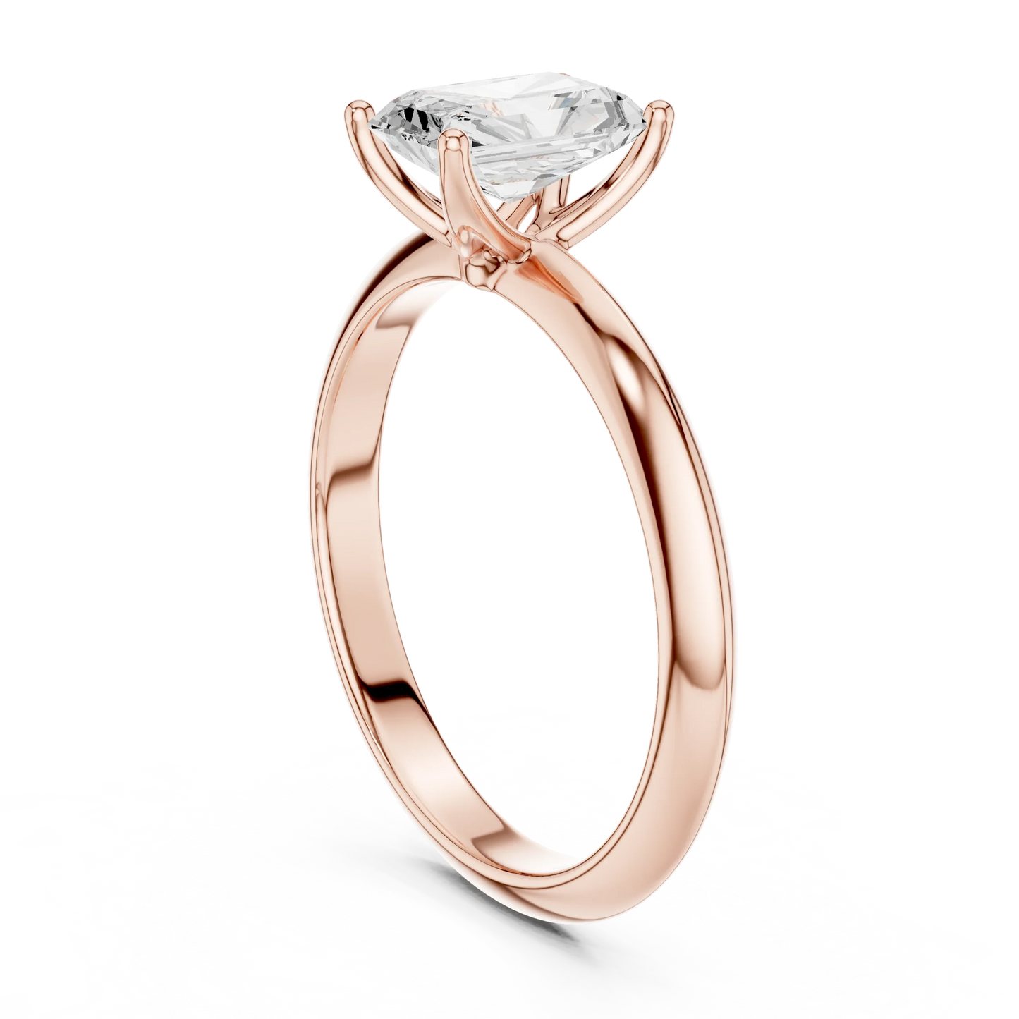 Back side view of rose gold radiant diamond solitaire ring, detailing band and setting